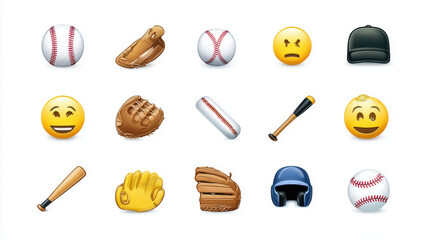 Baseball Themed Emoji Icons: Sports Equipment and Faces Set