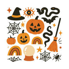 Collection of halloween symbols including pumpkins bats witches hat broomstick and spiderwebs isolated on white background silhouette.