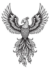 Obraz premium phoenix bird with beautiful wings engraving woodcut vector illustration