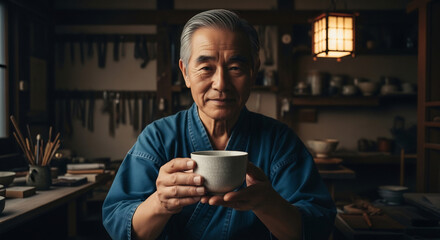 Thoughtful Asian potter holding tea. Authentic studio ambiance, handcrafted pottery. Perfect for wellness blogs, mindfulness courses, traditional arts, & craft supplies.