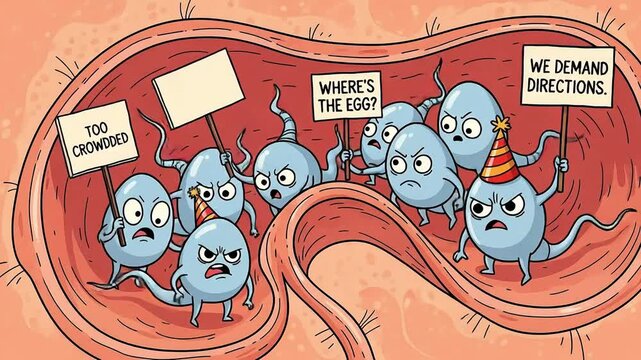 Cartoon Sperm Cells Protest Demanding Directions Overcrowding and Egg Location.