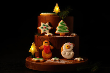 A festive christmas cake decorated with gingerbread cookies shaped like snowmen, trees, and stars, illuminated by warm lights