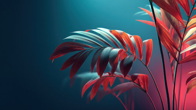Tropical leaves glowing under neon lights, creating cyberpunk vibe