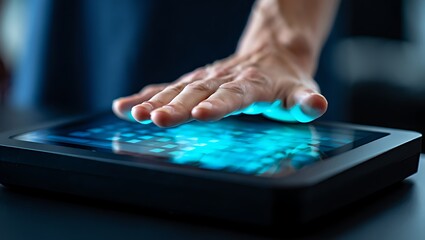Human hand interacting with glowing digital interface technology