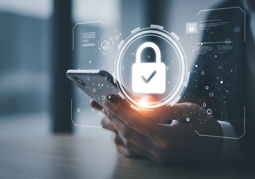 Person using smartphone with digital security interface and padlock icon