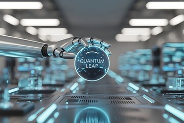 Robotic arm interacting with futuristic quantum computing interface