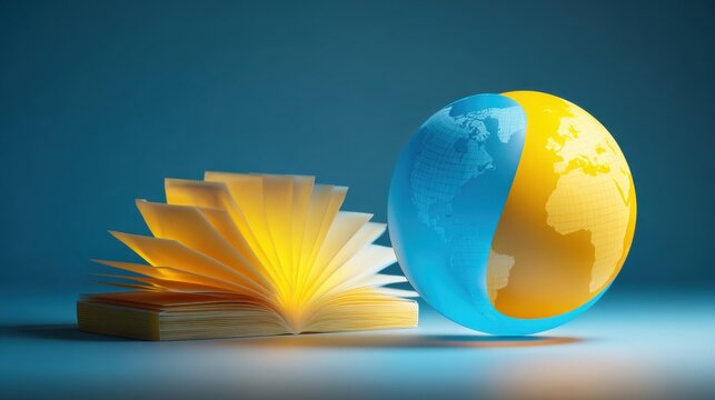 Open craft book with pages glowing and a detailed 3D globe representation of Earth on a blue background illuminating the scene with educational and creative themes