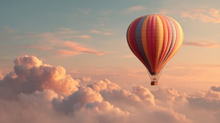 Fototapeta premium Colorful Hot Air Balloon Gliding Above Serene Clouds During Soft Sunrise Light, Dreamy Sky in Warm Tones with Pastel Clouds and Gentle Horizon