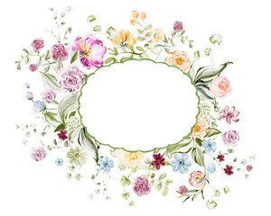 Watercolor botanical oval frame with multicolored small flowers. Ideal for wedding card, invitation, birthday, template, greeting, garden design. Includes peony, camellia, wreath elements.