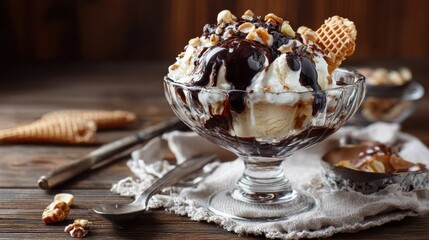 Delicious ice cream sundae topped with chocolate sauce, nuts, and a crispy wafer, served in a classic glass dessert bowl on a rustic wooden table