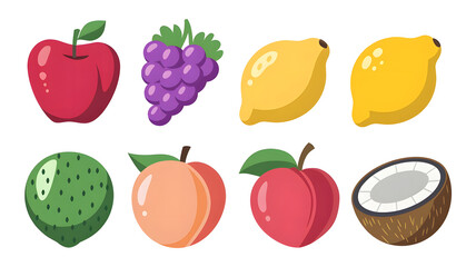 A cartoon-style fruit items (apple, grape, lemon, peach, coconut) with shiny highlights and outline 