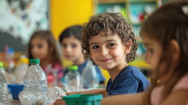 Children learn about recycling and pollution at an interactive environmental awareness workshop held in a colorful community center
