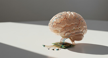 A conceptual image of a brain-computer interface, showing a human brain model connected to a microchip on a white background.