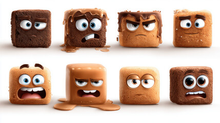 Cartoon Dessert Cubes with Expressive Faces Displaying Different Emotions, on White Backdrop, Funny, Sweet Treats