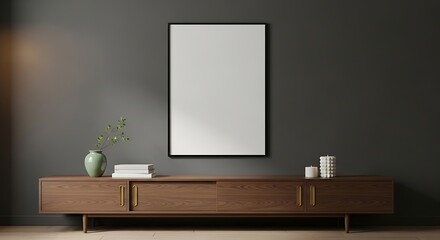 A blank vertical poster frame mockup hangs on a dark gray wall above a modern wooden console table.