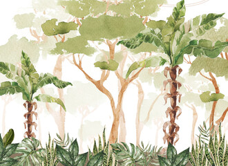 jungle watercolor wallpaper with tropical leaves illustration palms bananas for kids