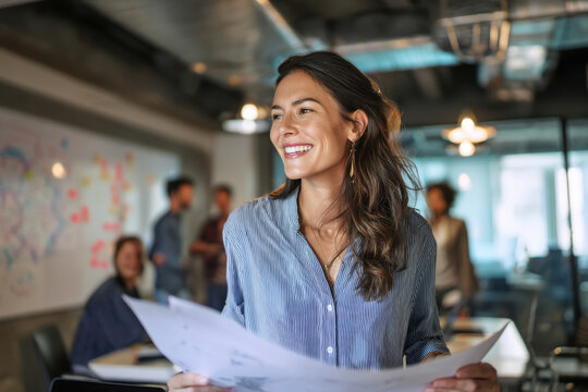 Hispanic middle-aged businesswoman smiling confidently while flipping through a product prototype presentation in a high-tech innovation hub. Her enthusiasm motivates her entire team.