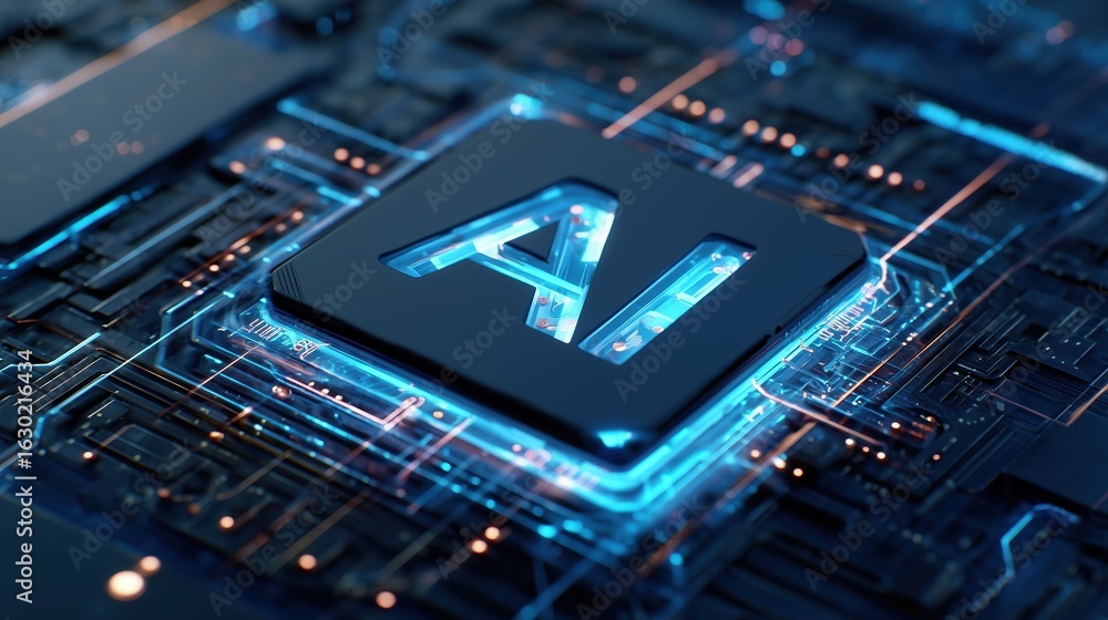 Fototapete abstract ai logo with glowing blue digital circuit background, futuristic artificial intelligence an