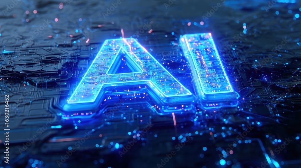Fototapete abstract ai logo with glowing blue digital circuit background, futuristic artificial intelligence an