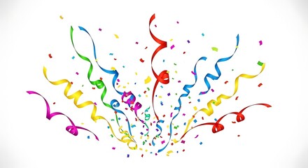 Colorful confetti and streamers floating on a white background for celebration and festive events