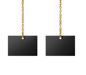 Two black rectangular name tags, hanging from golden chains