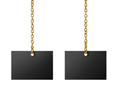 Two black rectangular name tags, hanging from golden chains