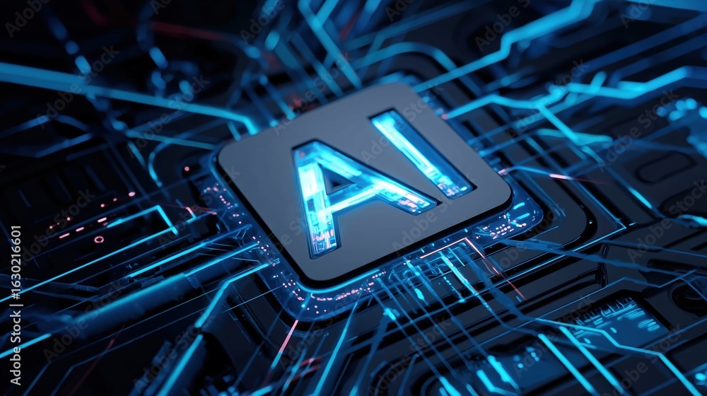 Fototapete abstract ai logo with glowing blue digital circuit background, futuristic artificial intelligence an