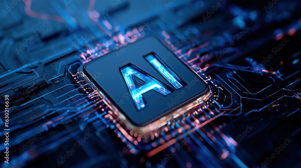 Fototapete abstract ai logo with glowing blue digital circuit background, futuristic artificial intelligence an