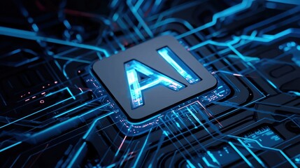 Abstract AI Logo with Glowing Blue Digital Circuit Background, Futuristic Artificial Intelligence and Machine Learning Technology Concept in Cyberspace, 3D Rendering Close-Up View.
