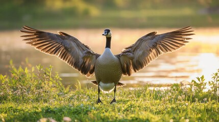 A close-up of a goose stretching its wings wide as it prepares to take off from a grassy lakeshore at dawn