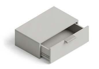 Fototapeta premium Isometric 3D rendering of a single open drawer cabinet in a minimalist gray design isolated on a white background.