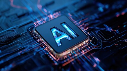 Abstract AI Logo with Glowing Blue Digital Circuit Background, Futuristic Artificial Intelligence and Machine Learning Technology Concept in Cyberspace, 3D Rendering Close-Up View.