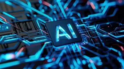 Abstract AI Logo with Glowing Blue Digital Circuit Background, Futuristic Artificial Intelligence and Machine Learning Technology Concept in Cyberspace, 3D Rendering Close-Up View.