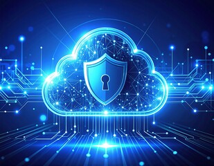 A fluffy white cloud floats against a bright blue sky, prominently featuring a bold shield symbol in the center, representing protection and security.