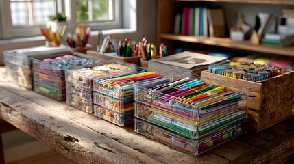 Organized school supplies in plastic bins on wooden table in natural light. Homework and Folder Organization
