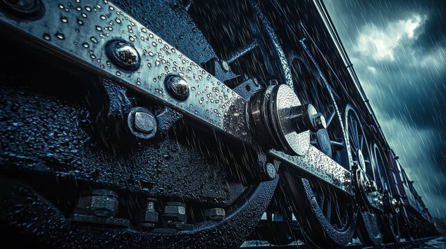 Vintage steam locomotive coupling mechanism in dramatic rainfall showcasing authentic pre-1950 s railroad engineering and atmospheric weather conditions