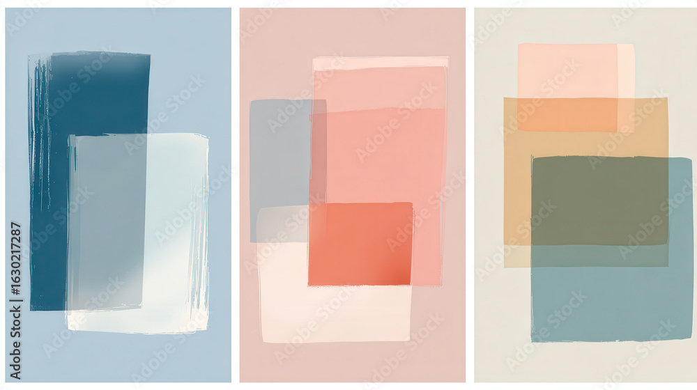 Poster modern abstract art: an ensemble of three minimalistic, rectangular artworks. the color palettes are