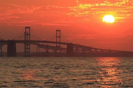Chesapeake Bay Bridge at Sunset. Anne Arundel County, Maryland. Seen from Terrapin Beach Park	