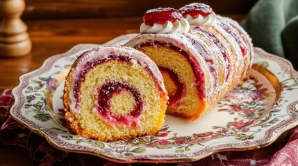 A colorful jellyroll cake sliced to reveal its swirling layers of jam and cream on a decorative plate