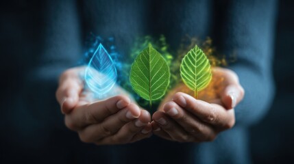 Human hands holding three luminous green leaves with digital icons representing nature technology and eco-friendly energy concepts in a modern setting