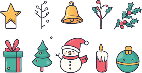 A vector set of colorful Christmas icons including a tree, snowman, and gift decorations for the winter holiday celebration