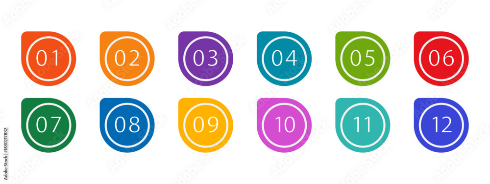 Poster colorful bullet points set of numbers from zero to twelve. multicolored circles and numbers. set of 