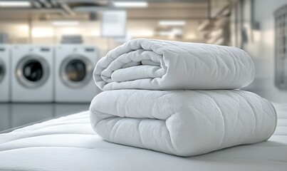 Stack of clean folded textile duvet covers on blurred laundry room background. Generative Ai
