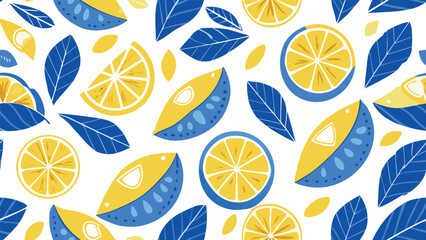 Art of a vibrant pattern of yellow lemon slices and blue leaves on a white background