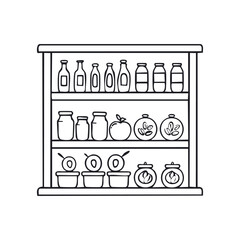 Minimalist outline vector of a food pantry shelf with simple food icons. Black line art of stocked groceries, jars, and produce.
