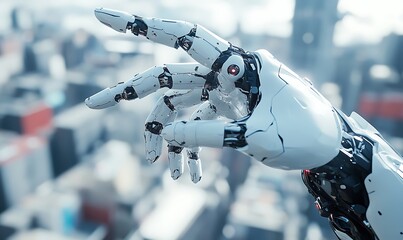 White cyborg finger about to touch human finger. Generative Ai