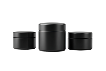 Three matte black cosmetic jars in a horizontal row