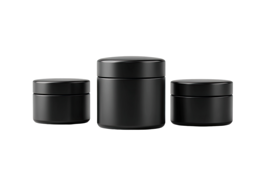 Three matte black cosmetic jars in a horizontal row