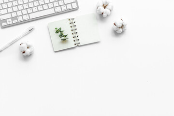 Laptop, cotton branch on white table flat lay space for text. Minimal freelancer desk workspace....