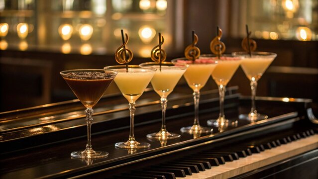 A row of six elegant martini glasses with different colored cocktails, each adorned with a golden treble clef garnish, resting on the keys of a grand piano